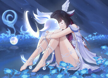 1girl barefoot black_hair blue_flower blurry blurry_background closed_mouth colored_inner_hair columbina_(genshin_impact) commentary dealesis dress english_commentary eye_mask feet flower full_body genshin_impact hair_ornament highres knees_up long_hair luonnotar_(genshin_impact) mask multicolored_hair purple_hair sitting smile streaked_hair thighs toes two-tone_hair white_dress wing_hair_ornament