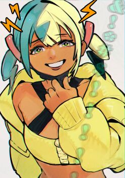 1girl absurdres aqua_hair bandeau black_mask blonde_hair breasts canari_(pokemon) collarbone criss-cross_halter crop_top franzkafkaffee grin hair_ornament halterneck highres jacket lightning_bolt_symbol long_sleeves looking_at_viewer mask mouth_mask multicolored_hair nintendo open_clothes open_jacket open_mouth pokemon pokemon_legends:_z-a short_twintails simple_background smile solo split-color_hair teeth twintails two-tone_hair two-tone_mask upper_body yellow_bandeau yellow_jacket yellow_mask