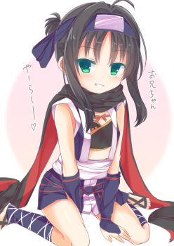 1girl aged_down ahoge alternate_breast_size_(smaller) ankle_lace-up arms_between_legs bare_shoulders between_legs black_gloves black_hair black_kimono black_scarf blush colored_eyelashes commentary_request fingerless_gloves flat_chest forehead_protector full_body gloves green_eyes grin hair_intakes hand_between_own_legs highres hitachi_mako japanese_clothes kimono long_hair looking_at_viewer naughty_face ninja parted_bangs ponytail red_scarf sandals sash scarf segaxtu senren_banka short_kimono short_ponytail sidelocks simple_background sitting smile solo thighs translated two-sided_scarf wariza white_background white_sash
