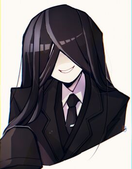 Rule 34 | 1girl, black coat, black hair, black necktie, black vest, coat, collared shirt, facing viewer, hair over eyes, highres, library of ruina, long hair, long sleeves, martina (project moon), necktie, open mouth, project moon, shirt, simple background, sleeves past fingers, sleeves past wrists, smile, solo, surumenabe, tie clip, very long hair, vest, white background, white shirt