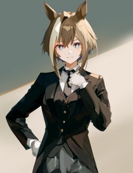 Rule 34 | 1girl, absurdres, alternate costume, animal ears, black coat, black necktie, black pants, black vest, blue eyes, blush, bright pupils, brown hair, cheval grand (umamusume), closed mouth, coat, collared shirt, commentary request, cowboy shot, gloves, hair between eyes, hand on own hip, highres, horse ears, horse girl, horse tail, looking at viewer, medium hair, multicolored hair, necktie, overcoat, pants, shirt, short hair, short hair with long locks, sidelocks, simple background, single hair intake, solo, streaked hair, tail, tuxedo, umamusume, vest, white background, white gloves, white hair, white pupils, white shirt, yoojp