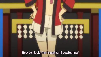 1girl animated arm_behind_head blonde_hair blush breasts closed_eyes double_bun hair_bun hand_fan hands_on_own_hips highres japanese_clothes kiryuu_mikazuki kissxsis leaning_forward legs looking_at_viewer midriff modeling multiple_views navel open_clothes open_mouth pulling_own_clothes red_eyes sarashi shorts small_breasts smile solo tagme talking thighs tongue turnaround video