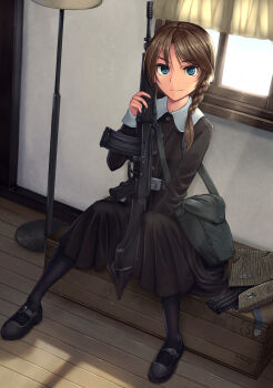 1girl absurdres ammunition_pouch assault_rifle bad_id bad_pixiv_id bag belt belt_buckle between_legs black_dress black_pantyhose box braid brown_hair buckle curtains dreadtie dress east_germany female_focus german_text green_eyes gun hand_between_legs highres indoors kalashnikov_rifle lamp long_hair looking_at_viewer magazine_(weapon) mary_janes original pantyhose pouch rifle satchel shadow shoes single_braid sitting solo strichtarn sunlight weapon wieger_stg-940 window wooden_box