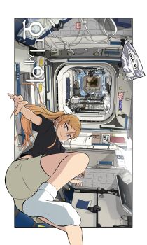 1girl absurdres black_shirt blonde_hair blue_eyes brown_shorts commentary_request from_below galois hair_ornament hairclip highres korean_commentary korean_text odyssey_(galois) perspective ponytail seong_eun-ha shirt shorts sidelocks smile socks solo spacecraft_interior t-shirt translation_request water white_socks zero_gravity