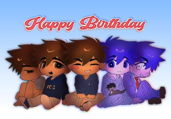 5boys alternate_costume alternate_eye_color antenna_hair blue_background blue_hoodie blue_pajamas blue_pants blue_shoes blue_suit blue_sweater blush_stickers bossman_hero brown_eyes brown_hair brown_shoes chibi chibi_only closed_eyes closed_mouth collarbone collared_pajamas collared_shirt colored_skin commentary dinosaur double-parted_bangs dual_persona ear_piercing formal_clothes gradient_background grey_pants grey_shirt grin hair_between_eyes happy_birthday hero_(faraway)_(omori) hero_(headspace)_(omori) hero_(omori) herosaurus_(omori) highres hood hood_down hoodie indian_style knees_up long_sleeves looking_at_viewer lyuz_(justtoseemeplea) male_focus multiple_boys necktie omori open_mouth pajamas pants piercing pinstripe_pattern pinstripe_suit purple_eyes purple_hair red_necktie sad sharp_teeth shirt shoes short_hair short_sleeves single_blush_sticker sitting smile sneakers striped_clothes striped_pajamas striped_pants suit sweater symbol-only_commentary t-shirt teeth two-tone_background two-tone_pajamas two-tone_pants vertical-striped_clothes vertical-striped_pajamas vertical-striped_pants white_background white_eyes white_pajamas white_pants white_shirt white_skin