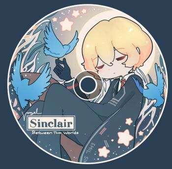 1boy bird black_coat black_gloves black_pants black_sleeves blonde_hair blue_bird cd character_name closed_eyes coat collared_shirt curled_fingers dress_shirt full_moon gloves hair_between_eyes hand_up layered_sleeves light_blush limbus_company long_sleeves male_focus minty_chu moon necktie open_mouth pants project_moon red_necktie shirt sinclair_(project_moon) sleeping solo star_(sky) unconscious undershirt white_shirt white_sleeves wing_collar