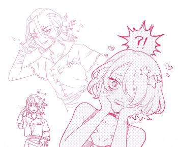 !? 1boy 1girl @_@ blush dr._stone e=mc2_(equation) hair_between_eyes hair_ornament hair_over_one_eye hands_on_own_cheeks hands_on_own_face heart highres ishigami_senkuu kazaruze luna_wright monochrome multiple_views open_mouth short_hair simple_background smile sparkle spiked_hair star_(symbol) white_background