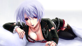 1girl aiguillette ascot bed_sheet belt black_thighhighs blue_hair breasts celtic_cross chaos;head cleavage clothing_request commentary_request cross cross_print earrings frilled_ascot frilled_thigh_strap frills hair_between_eyes jacket jewelry kishimoto_ayase lace lace-trimmed_thighhighs lace_trim lapels leather leather_jacket looking_at_viewer lying makeup mascara medium_breasts on_bed on_side peaked_lapels pendant phantasm purple_lips purple_nails red_eyes red_trim robber-krzk science_adventure short_hair smile solo thigh_strap thighhighs thighs thorns_choker