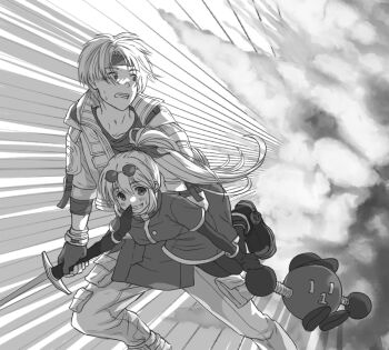 Rule 34 | 1boy, 1girl, akira (kanadomeakira62), blush, claude c. kenny, explosion, eyewear on head, gloves, greyscale, headband, holding, holding sword, holding weapon, jacket, long hair, monochrome, open mouth, pantyhose, ponytail, precis neumann, robot, skirt, smile, star ocean, star ocean: the second story, sword, weapon