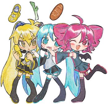 3girls ahoge akita_neru belt black_sleeves black_thighhighs blonde_hair blue_eyes blue_hair blush boots bread cellphone circle_hair_ornament detached_sleeves drill_hair fang flip_phone food frilled_shirt frills furrowed_brow grey_shirt grey_sleeves hand_on_another's_shoulder hatsune_miku headset highres holding holding_phone kasane_teto kurepu_(kurepus-bakery) looking_at_viewer low_twintails multiple_girls necktie number_tattoo one_eye_closed open_mouth parted_bangs phone pigeon-toed red_eyes red_hair shirt shorts sidelocks skirt sleeveless sleeveless_shirt spring_onion square_hair_ornament standing standing_on_one_leg tattoo thigh_boots thighhighs triple_baka_(group) twin_drills twintails utau vocaloid white_background wide_sleeves wings yellow_eyes yellow_necktie