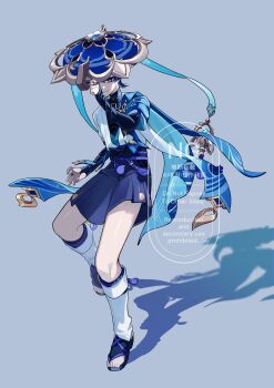 Rule 34 | 1boy, absurdres, arm at side, armor, belt, black belt, black bodysuit, black bow, black bridal gauntlets, black sandals, black shorts, blue cape, blue eyes, blue hair, blue hat, blue kimono, blue sleeves, blue trim, bodysuit, bow, bridal gauntlets, bridal legwear, cape, clenched hand, feathers, full body, furisode, genshin impact, gold, gold ring, grey background, hakama, hakama shorts, hand up, hat, hat over one eye, hat tip, highres, japanese armor, japanese clothes, jingasa, juban, kimono, kote, kurokote, layered sleeves, leg warmers, looking at viewer, male focus, mandala, mandarin collar, middle ring, nenemm, open clothes, open hand, open kimono, pleated shorts, pom pom (clothes), purple rope, purple sash, rope, sandals, sash, scaramouche (genshin impact), shadow, short sleeves, shorts, solo, stirrup legwear, tassel, toeless legwear, toes, wanderer (genshin impact), watermark, white kimono, white leg warmers, white sleeves, white trim, yellow feathers, zouri