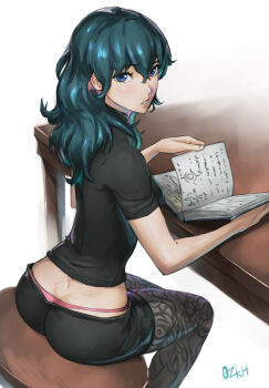 1girl ass blue_eyes book female_byleth_(fire_emblem) fire_emblem fire_emblem:_three_houses green_hair hair_between_eyes light_blush looking_at_viewer nintendo open_book ozkh panties panty_peek pantyhose pantyhose_under_shorts parted_lips pencil_skirt pink_panties short_shorts shorts simple_background skirt solo thong underwear wavy_hair whale_tail whale_tail_(clothing)