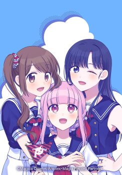 3girls alternate_costume ascot bare_arms bare_shoulders blue_background blue_eyes blue_hair blue_sailor_collar blue_shirt blunt_bangs brown_eyes brown_hair chin_rest cloud_background collarbone commentary_request company_name copyright_notice dot_nose eyelashes flag fuji_fujino gold_buttons hair_ornament hair_over_shoulder hair_scrunchie halftone hand_on_own_hip happy head_on_head head_rest height_difference high-waist_skirt highres holding holding_flag holding_hands jewelry light_blush long_hair long_sidelocks looking_at_viewer magia_record:_mahou_shoujo_madoka_magica_gaiden mahou_shoujo_madoka_magica multiple_girls nanami_yachiyo nape_braid neckerchief official_art one_eye_closed open_mouth parted_bangs pink_eyes pink_hair pleated_skirt puffy_short_sleeves puffy_sleeves red_ascot red_neckerchief red_scrunchie ring sailor sailor_collar sailor_shirt scrunchie shirt short_hair_with_long_locks short_sleeves side_ponytail sidelocks skirt sleeveless sleeveless_shirt small_kyubey smile straight-on straight_hair striped_clothes striped_scrunchie tamaki_iroha tareme two-tone_background white_background white_sailor_collar white_shirt white_skirt yui_tsuruno