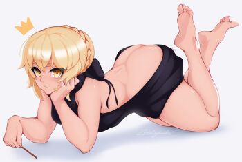 1girl ass bare_back barefoot blonde_hair butt_crack fate/grand_order fate_(series) feet food head_rest highres long_hair looking_at_viewer pocky saber_alter soles toes virgin_killer_sweater yellow_eyes zealyush