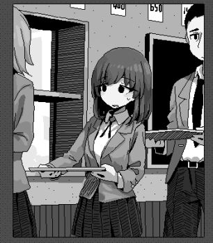 1boy 2girls belt blazer border closed_mouth collared_shirt expressionless greyscale hamsterfragment holding holding_tray indoors jacket jaggy_lines lapels long_sleeves lowres medium_hair monochrome multiple_girls neck_ribbon necktie no_nose notched_lapels open_clothes open_jacket original pants parted_lips pleated_skirt ribbon school_uniform shirt shirt_tucked_in skirt solo_focus shinohata_sachie_(hamsterfragment) tray