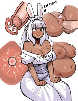1boy 1girl clitoris cross-section cum cum_in_pussy dark-skinned_female dark_skin donburi_(donburikazoku) dress ejaculation female_focus female_pubic_hair fertilization highres impregnation in_heat interracial multiple_views navel original ovum ovum_with_heart penis pregnant pubic_hair pussy rabbit_ears rabbit_girl sex simple_background sitting sperm_cell stomach sweat uterus vaginal white_background white_dress white_hair