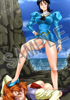 2girls agent_aika aida_rion aika_(series) ascot ass black_ascot black_hair blue_delmo blue_jacket blue_skirt breasts brown_eyes brown_hair commentary_request commission covered_erect_nipples crotch_seam day defeat delmogeny_uniform gabri-l headband jacket juliet_sleeves long_sleeves lying medium_breasts multiple_girls ocean on_floor on_stomach panties pencil_skirt pixiv_commission puffy_sleeves sample_watermark short_hair skirt standing stepped_on underwear waitress_delmo watermark white_panties