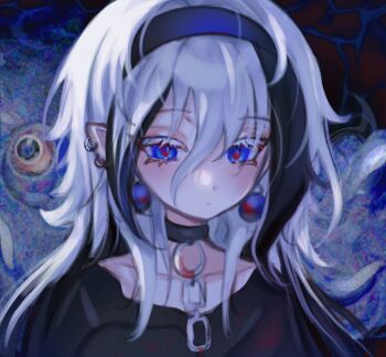 1girl black_choker black_hair black_hairband black_shirt blue_eyes chain chain_leash choker closed_mouth cloud_(lufaeris) commentary ear_piercing hair_between_eyes hairband leash long_hair looking_at_another multicolored_hair original piercing pointy_ears portrait shirt solo two-tone_hair white_hair