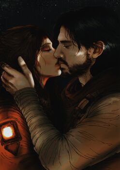 Rule 34 | 1boy, 1girl, absurdres, beard, black hair, brown hair, closed eyes, commentary, english commentary, eyeshadow, facial hair, from side, hand on another's neck, hetero, highres, iron lung (movie), justanotherrandomwriter, kiss, makeup, medium hair, oc x canon, original, simon (iron lung), sky, star (sky), starry sky, wavy hair