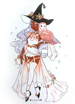 1girl animal_on_arm artist_name bird bird_on_arm breasts choker commentary dark-skinned_female dark_skin english_commentary flower hair_ornament hairclip hat hat_flower high-waist_shorts inktober long_hair long_skirt marker_(medium) original owl pink_eyes purple_hair scarf short_shorts shorts signature skirt small_breasts solo sparkle thighhighs traditional_media very_dark_skin vicki_tsai white_choker white_scarf white_skirt white_thighhighs witch_hat