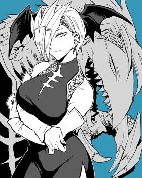 Rule 34 | 10s, 1girl, abaraya, alternate form, bare shoulders, bat wings, blue background, boku no hero academia, breasts, china dress, chinese clothes, claws, closed mouth, cowboy shot, crossed arms, dragon, dragon girl, dress, earrings, elbow gloves, female focus, gloves, hair over one eye, headband, jewelry, large breasts, looking at viewer, looking to the side, monochrome, one eye covered, ryuukyuu, sharp teeth, short hair, simple background, solo, standing, superhero costume, tatsuma ryuuko, teeth, transformation, turtleneck, turtleneck dress, upper body, wings