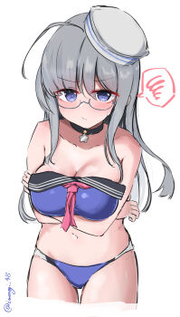 1girl absurdres adapted_costume ahoge bikini black_sailor_collar blue_bikini blue_eyes breasts cowboy_shot crossed_arms dixie_cup_hat grey_hair hat heywood_l._edwards_(kancolle) highres imonegi_oekaki kantai_collection large_breasts long_hair military_hat neckerchief pink_neckerchief sailor_bikini sailor_collar solo spoken_squiggle squiggle swimsuit twitter_username