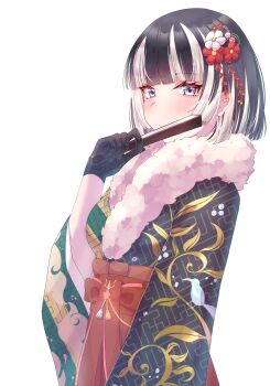 1girl absurdres black_hair black_kimono blue_eyes blush closed_mouth cloud_print commentary flower fur-trimmed_kimono fur_trim green_kimono hair_flower hair_ornament hakama hakama_skirt hand_fan highres hoangnc4 holding holding_fan hololive hololive_dev_is japanese_clothes juufuutei_raden kimono multicolored_hair multicolored_kimono plant_print red_flower red_skirt short_hair skirt solo two-tone_hair virtual_youtuber white_flower white_hair
