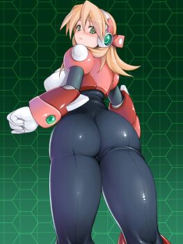 1girl alia_(mega_man) android ass ass_focus blonde_hair blush capcom chabo_(fuketsudan) female_focus from_behind green_background green_eyes honeycomb_(pattern) honeycomb_background honeycomb_pattern huge_ass kneepits looking_back mega_man_(series) mega_man_x_(series) solo thick_thighs thighs