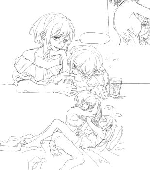 alcohol artist_request bang_dream! bang_dream!_it&#039;s_mygo!!!!! beer breasts drunk girl_on_top lying monochrome multiple_views on_bed pillow sketch underwear underwear_only wakaba_mutsumi yuri yuutenji_nyamu