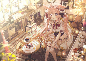 Rule 34 | 1girl, :d, ahoge, animal ears, armchair, blurry, blurry background, blush, brown eyes, brown hair, brown skirt, cake, chair, character request, commentary request, cup, day, depth of field, feet out of frame, food, formal clothes, frilled skirt, frills, fruit, hat, indoors, long hair, mob cap, official art, on chair, open mouth, pennant, plaid clothes, plaid skirt, pleated skirt, puffy short sleeves, puffy sleeves, rabbit ears, sakura oriko, saucer, shirt, short sleeves, sitting, skirt, smile, solo, spoon, strawberry, string of flags, stuffed animal, stuffed toy, sunlight, table, teddy bear, thighhighs, twintails, very long hair, weiss schwarz, white hat, white shirt, white thighhighs, window