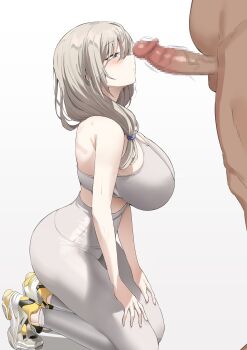 1boy 1girl absurdres bare_shoulders blush breasts censored closed_eyes clothed_female_nude_male commentary crop_top from_side grey_hair hands_on_own_knees high-waist_pants highres huge_breasts imminent_fellatio k_pring kneeling long_hair mature_female mosaic_censoring nude pants penis penis_awe shoes simple_background smelling smelling_penis sneakers sports_bra uzaki-chan_wa_asobitai! uzaki_tsuki white_background white_pants white_top yoga_pants