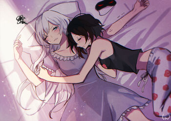 2girls bed black_hair blue_eyes ecru head_on_pillow hug long_hair messy_hair morning multiple_girls pajamas pillow red_hair ruby_rose rwby short_hair sleepwear weiss_schnee white_hair