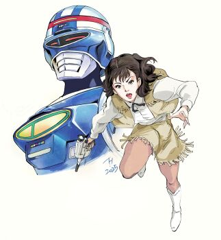 1boy 1girl :o annie_(uchuu_keiji_shaider) boots brown_hair brown_vest dated gun highres holding holding_gun holding_weapon kujira_gunsou long_sleeves metal_hero running shaider shirt uchuu_keiji_shaider vest weapon white_background white_boots white_shirt