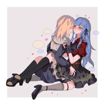2girls absurdres ampheta bang_dream! bang_dream!_it's_mygo!!!!! between_legs black_boots black_corset black_dress black_gloves black_ribbon black_skirt blank_speech_bubble blonde_hair blue_hair blush boots chinese_commentary closed_mouth clothing_cutout commentary_request corset doloris_(bang_dream!) dress gloves hair_ribbon heart high_heel_boots high_heels highres knee_boots long_hair medium_hair misumi_uika multiple_girls oblivionis_(bang_dream!) open_mouth pink_background red_shirt ribbon shirt shoulder_cutout simple_background skirt speech_bubble togawa_sakiko two_side_up yellow_eyes yuri