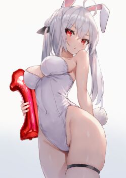 1girl ahoge animal_ears bare_shoulders black_ribbon blush breasts chestnut_mouth cowboy_shot grey_hair hair_ribbon highres holding inflatable_toy leotard long_hair looking_at_viewer medium_breasts original parted_lips rabbit_ears rabbit_girl rabbit_tail red_eyes ribbon simple_background skindentation solo tail takepon1123 thigh_strap twintails white_background white_leotard