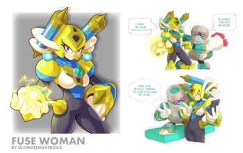 1boy 1girl absurdres android armor block_man bodysuit breasts electricity electrokinesis fuse fuse_man genderswap genderswap_(mtf) heart heart-shaped_eyes helmet highres mega_man_(classic) mega_man_(series) mega_man_11 purple_eyes robot smile speech_bubble tagme taking_picture thought_bubble ultimatemaverickx yellow_armor yellow_helmet