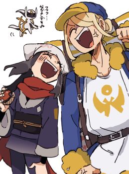 1boy 1girl ^_^ akari_(pokemon) anger_vein arceus backpack bag belt black_hair blonde_hair blush clenched_hand closed_eyes galaxy_expedition_team_survey_corps_uniform gen_4_pokemon ginkgo_guild_uniform hair_over_one_eye hand_up headscarf highres hisuian_poke_ball holding holding_poke_ball jacket japanese_clothes legendary_pokemon long_hair long_sleeves mythical_pokemon nintendo open_mouth poke_ball pokemon pokemon_legends:_arceus red_scarf scarf short_hair sidelocks smile translation_request two-tone_headwear volo_(pokemon) white_headscarf yusho_(ossm03)