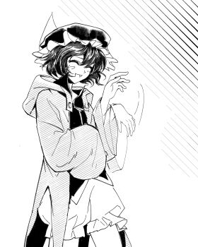 1other ^_^ absurdres afterimage androgynous blush_stickers buttons chinese_commentary closed_eyes coattails collared_shirt commentary commentary_request cowboy_shot detached_hood english_commentary frilled_headwear frilled_shorts frills happy hat high_collar highres hood hood_down hooded_jacket jacket len&#039;en light_blush long_sleeves mixed-language_commentary mob_cap motion_lines open_clothes open_jacket open_mouth other_focus pointy_nose puffy_shorts shirt shitodo_kuroji shorts simple_background single_blush_sticker smile solo standing striped_background triangular_headpiece waving white_background wide_sleeves yancao_(pixiv_103434280) zipper