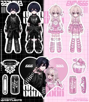 1boy 1girl 666 ahoge alternate_costume arm_bow arms_at_sides barcode belt belt_buckle black_belt black_boots black_gloves black_hair black_leg_warmers black_nails black_shirt black_shorts black_sleeves blonde_hair blunt_ends blush boots bow bright_pupils buckle can chain chain_necklace choker closed_mouth collar contemporary couple cupcake dress drink_can empty_eyes enma666 eyeliner eyeshadow feather_hair_ornament feathers fingerless_gloves fishnet_sleeves fishnets food frilled_collar frilled_dress frilled_hairband frilled_skirt frills fruit genshin_impact gloves goth_fashion grey_eyes hair_between_eyes hair_ornament hairband heart heart-shaped_buckle heart-shaped_pupils heart_choker heart_hair_ornament heart_o-ring hetero highres jewelry layered_sleeves leg_warmers long_sleeves looking_at_viewer lumine_(genshin_impact) makeup multiple_views necklace o-ring o-ring_thigh_strap open_mouth paw_pose pentagram pink_boots pink_bow pink_feathers pink_hairband pink_shoes pink_skirt polar_opposites purple_eyes red_eyeliner red_eyeshadow safety_pin scaramouche_(genshin_impact) shirt shoes short_hair short_hair_with_long_locks short_sleeves shorts sidelocks skirt sleeves_past_wrists soda_can spiked_choker spikes strawberry striped_sleeves symbol-shaped_pupils thigh_strap thighhighs tongue tongue_out too_many too_many_belts too_many_bows variations white_dress white_pupils white_thighhighs