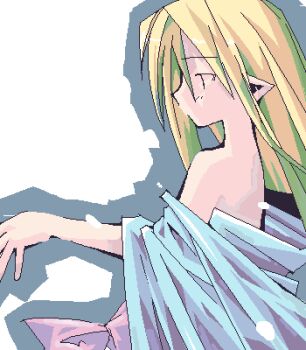 1girl aqua_shirt archived_source asami_natsuhito bare_shoulders black_eyes blonde_hair clothes_down from_side jaggy_lines lowres no_sclera original pointy_ears profile shirt simple_background solo straight_hair upper_body white_background