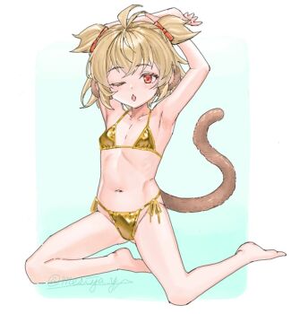 1girl ahoge andira_(granblue_fantasy) animal_ears armpit_focus armpits arms_behind_head arms_up barefoot bikini blonde_hair blush border breasts collarbone gold_bikini gradient_background granblue_fantasy hair_ribbon kneeling loli meshiya monkey_ears monkey_girl monkey_tail navel one_eye_closed open_mouth outside_border presenting_own_armpit red_eyes ribbon short_twintails simple_background small_breasts solo swimsuit tail twintails twitter_username white_border