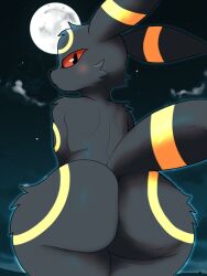 1girl animal_ears artist_logo artist_name ass black_eyes black_fur blush cloud colored_sclera completely_nude female_focus full_moon furry furry_female gen_2_pokemon huge_ass logo looking_back moon night night_sky nintendo nude outdoors pokemon pokemon_(creature) red_sclera sky solo standing star_(sky) sultryswan tail two-tone_fur umbreon yellow_fur