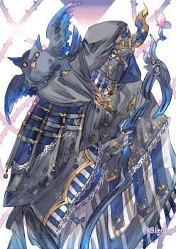 artist_name asymmetrical_horns beak bird bug butterfly commentary eyepatch fake_horns helmet holding horned_helmet horns insect long_sleeves original simple_background sirop