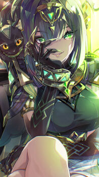 1girl black_gloves breasts cat closed_mouth dress elbow_gloves facial_mark genshin_impact gloves green_eyes green_hair hair_ornament highres icedango_(dpopic3) jewelry large_breasts looking_at_viewer medium_hair mole mole_under_eye nefer_(genshin_impact) short_hair smile solo symbol-shaped_pupils
