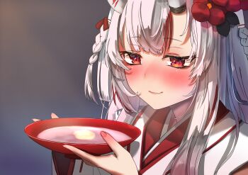 1girl absurdres alcohol blush braid cup fang flower futoshi_tanaka hair_between_eyes hair_between_horns hair_flower hair_ornament highres hololive horns japanese_clothes kimono light_smile long_hair multicolored_hair multicolored_kimono nakiri_ayame oni red_eyes red_hair red_kimono sakazuki sake simple_background smile solo virtual_youtuber white_kimono