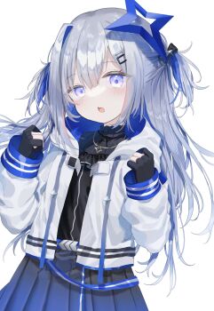 1girl absurdres amane_kanata black_dress black_gloves blue_hair blue_halo blunt_bangs blush chestnut_mouth colored_inner_hair commentary cowboy_shot double-parted_bangs dress fuinagi_(huyuu_mm) gloves grey_hair hair_between_eyes hair_intakes halo hands_up highres hololive hood hood_down hooded_jacket jacket long_hair long_sleeves looking_at_viewer multicolored_hair open_clothes open_jacket open_mouth partially_fingerless_gloves pleated_dress purple_eyes simple_background solo two_side_up virtual_youtuber white_background