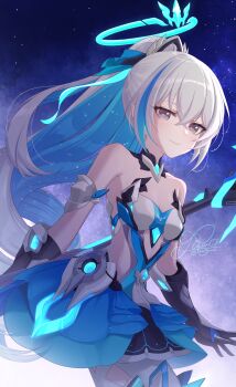 1girl absurdres birthday black_gloves blue_dress blue_hair blue_halo bronya_zaychik bronya_zaychik_(herrscher_of_truth) closed_mouth cowboy_shot crossed_bangs dress gloves grey_eyes grey_hair hair_between_eyes halo highres honkai_(series) honkai_impact_3rd long_hair looking_at_viewer multicolored_hair pink_pupils ponytail rinna_(xxrinna) signature smile solo star_(sky) strapless strapless_dress twitter_username two-tone_hair very_long_hair