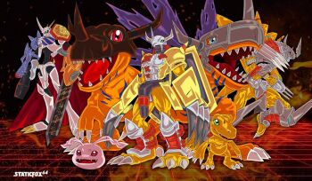 Rule 34 | agumon, cannon, digimon, digimon (creature), fusion, greymon, koromon, metalgreymon, omegamon, red eyes, sharp teeth, sword, teeth, tyrannosaurus rex, wargreymon, wargreymon x-antibody, weapon