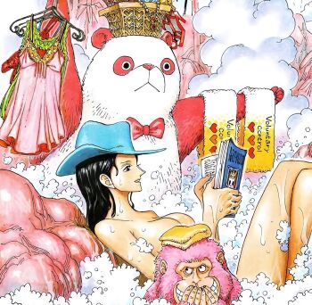 1girl bath bear black_hair book breasts highres monkey nico_robin nude one_piece reading solo towel