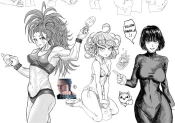 bandaid bandaid_on_cheek bandaid_on_face bikini bottle breasts bubble_tea captain_mizuki commentary covered_navel curly_hair devil_may_cry_(series) devil_may_cry_5 dress english_commentary food fubuki_(one-punch_man) greyscale holding holding_bottle holding_food holding_popsicle impossible_clothes impossible_dress large_breasts long_dress medium_breasts middle_finger monochrome navel nnsee_d one-punch_man petite pointing popsicle saitama_(one-punch_man) siblings side-tie_bikini_bottom sisters sketch sports_bra sweat sweatdrop swimsuit tatsumaki telekinesis vergil_(devil_may_cry) watermark